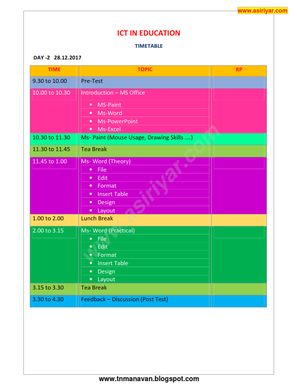 ICT 4 DAYS TRAINING TIME TABLE & SCHEDULE Online FA(a)
