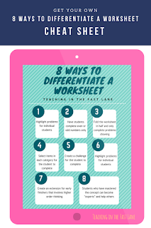 Eight ways to differentiate worksheets in your classroom. The last one has been a life saver, and is very empowering for the students!