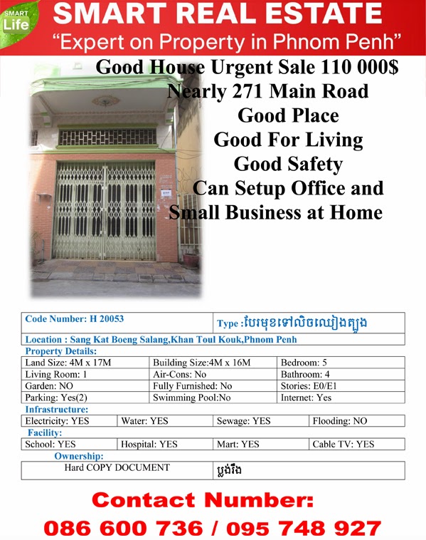 Sale 110 000,Phnom Penh(Boeng Salang) House for Sale in Cambodia