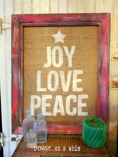 Painted Burlap Sign in a Red Rustic Frame via http://deniseonawhim.blogspot.com