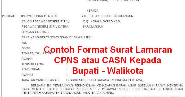 Contoh Format Surat Lamaran CPNS atau CASN Kepada Bupati 