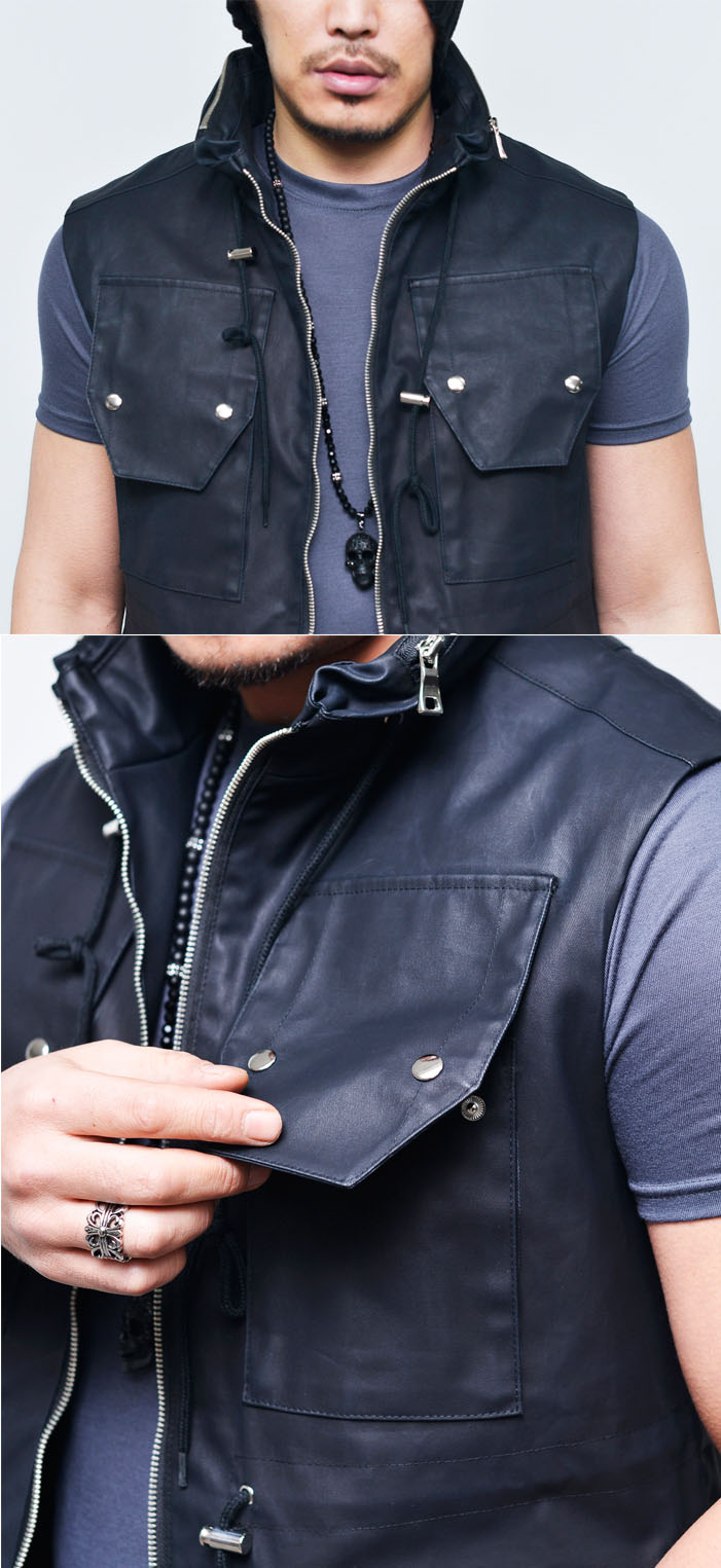 Mens Coating Leather Multi Pocket Hood VestVest 95 by guylook Fast Fashion Mens Clothes