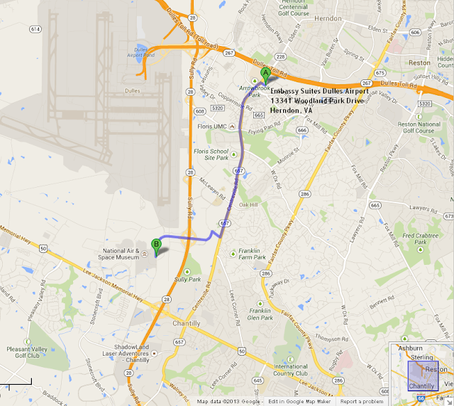 map showing Embassy Suites Dulles Airport is 10 min/4 miles from Udvar Hazy Air and Space Musuem