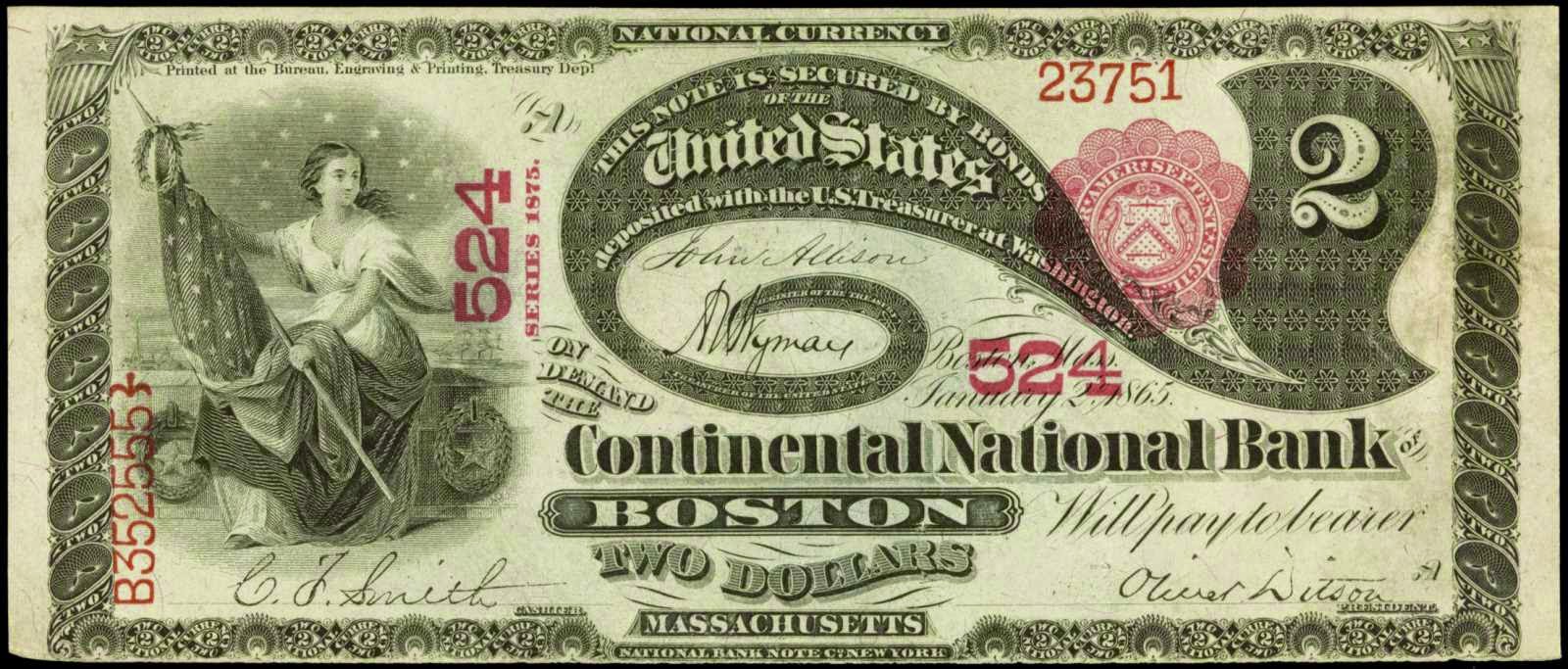 US paper money 2 Dollars National Bank Note 1875 Lazy Deuces