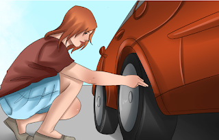 lady reviewing tire without any apparatuses