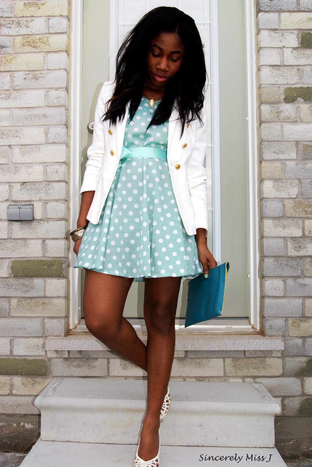mint green trendy polka dot dress and jacket style by Toronto blogger