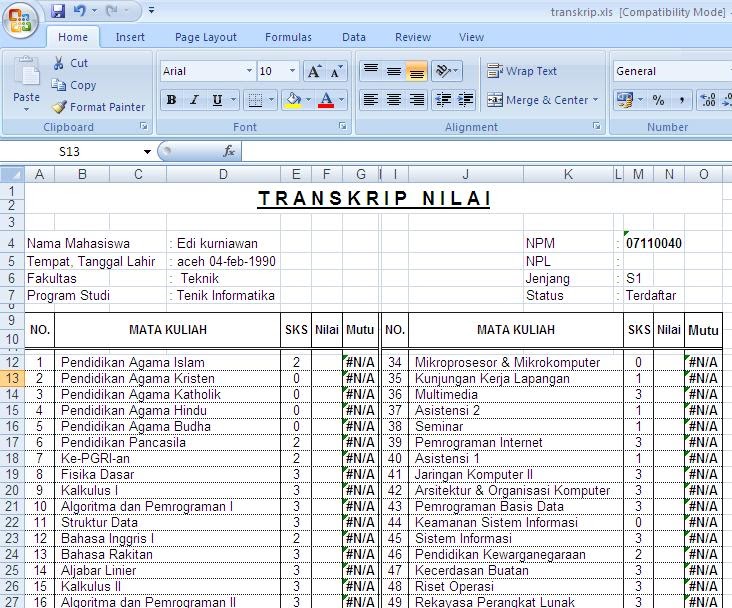 Program Transkip Nilai Dengan Excel | edi bukit