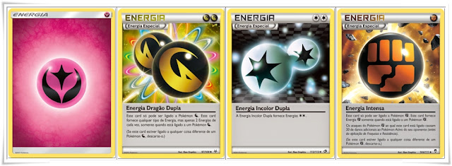 Pokémon TCG - Exemplos de cartas: Energia Básica (Fada/Dragão/Normal/Especial)