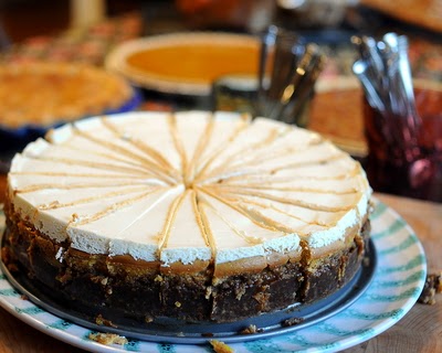Pumpkin Cheesecake, full-size or mini, barely sweet with ginger-pecan crust and bourbon, real crowd pleaser. Recipe, tips, WW points at #KitchenParade.