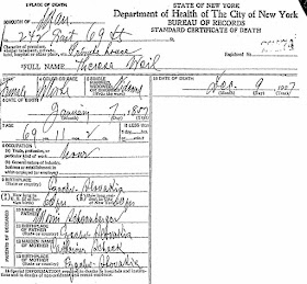New York, New York County, New York,  "Death certificates (Manhattan, New York), 1919-1948," (Municipal Archives, New York), [Vol. 55-56], cert. no. 27001, Maria Cannon, Dec. 3, 1927 - cert. no. 28000, Anna Markowitz, Dec. 17, 1927, Theresa Weil, cert no. 27474; FHL microfilm 2,056,150.