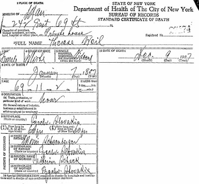 New York, New York County, New York,  "Death certificates (Manhattan, New York), 1919-1948," (Municipal Archives, New York), [Vol. 55-56], cert. no. 27001, Maria Cannon, Dec. 3, 1927 - cert. no. 28000, Anna Markowitz, Dec. 17, 1927, Theresa Weil, cert no. 27474; FHL microfilm 2,056,150.