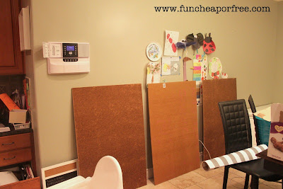DIY bulletin board pieces standing up next to wall, from Fun Cheap or Free