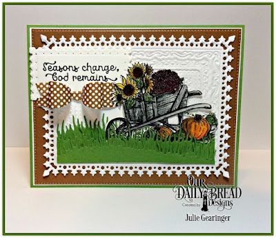 Our Daily Bread Designs, Seasons Change, Wheelbarrow Die, Lavish Layers Dies, Filigree Frames, Pierced Rectangles, Grass Hill Die, Grass Lawn Die, Small Bow Dies, Ephemera Essentials 6x6 Paper Pad, Designed by Julie Gearinger