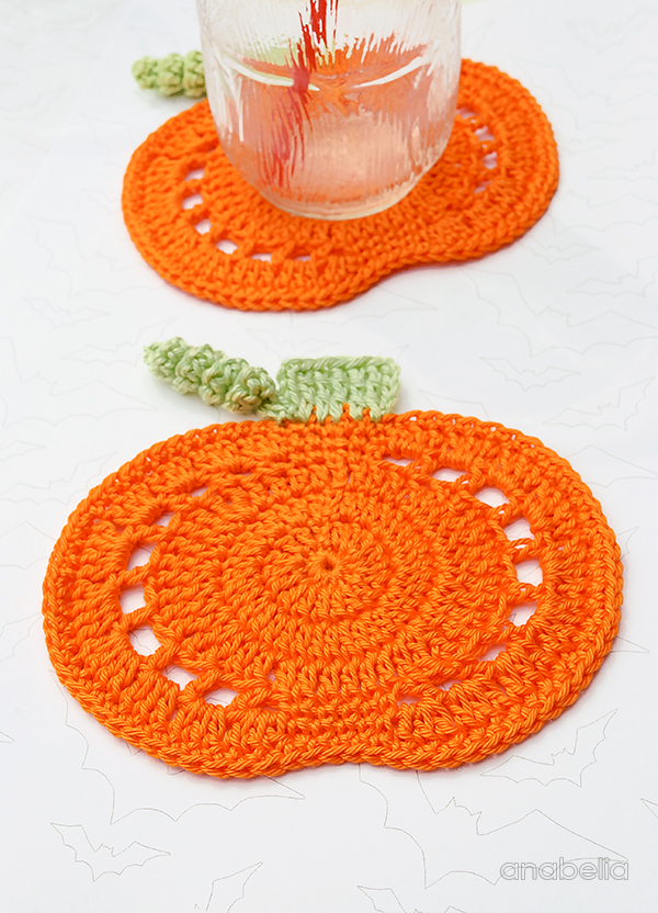 Anabelia craft design Halloween easy DIY project Pumpkin crochet coasters