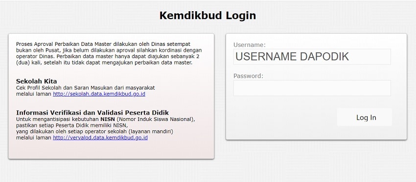 Tampilan Halaman Log In website Verval PTK Gunakan username dan password yang terdaftar di dapodik