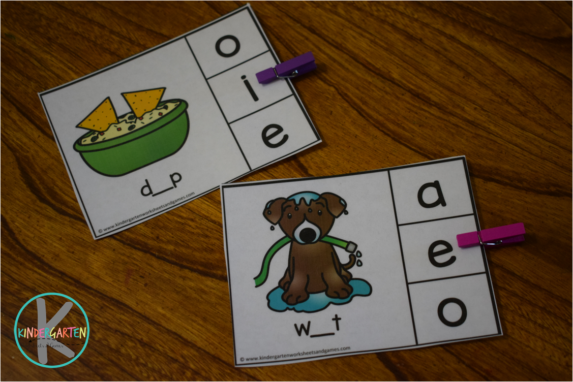 Kindergarten Worksheets and Games FREE Vowel Clip Cards