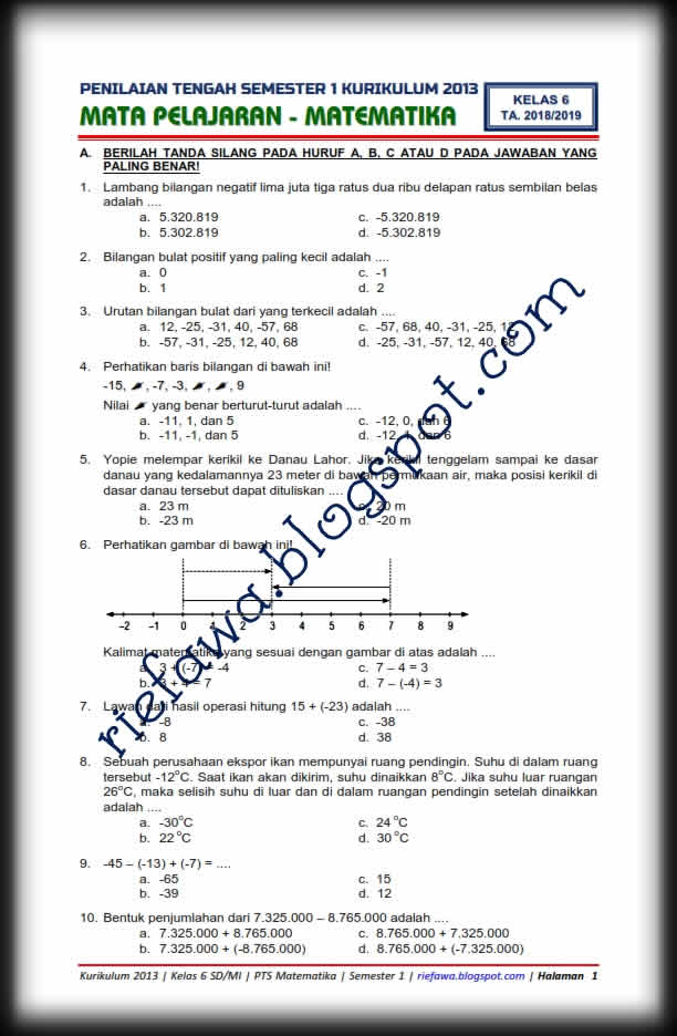 Download Soal UTS / PTS Matematika Kelas 6 SD/MI Kurikulum 2013