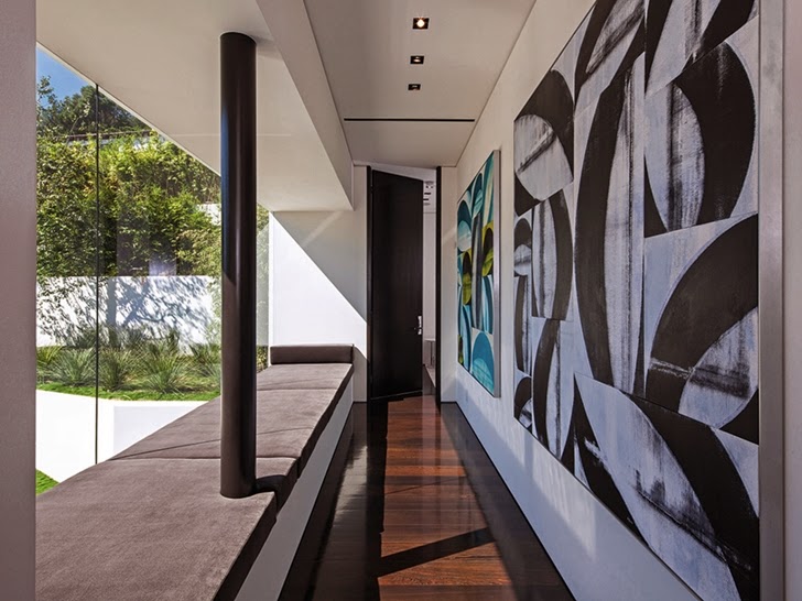 Hallway with glass wall in Perfect modern mansion in Beverly Hills