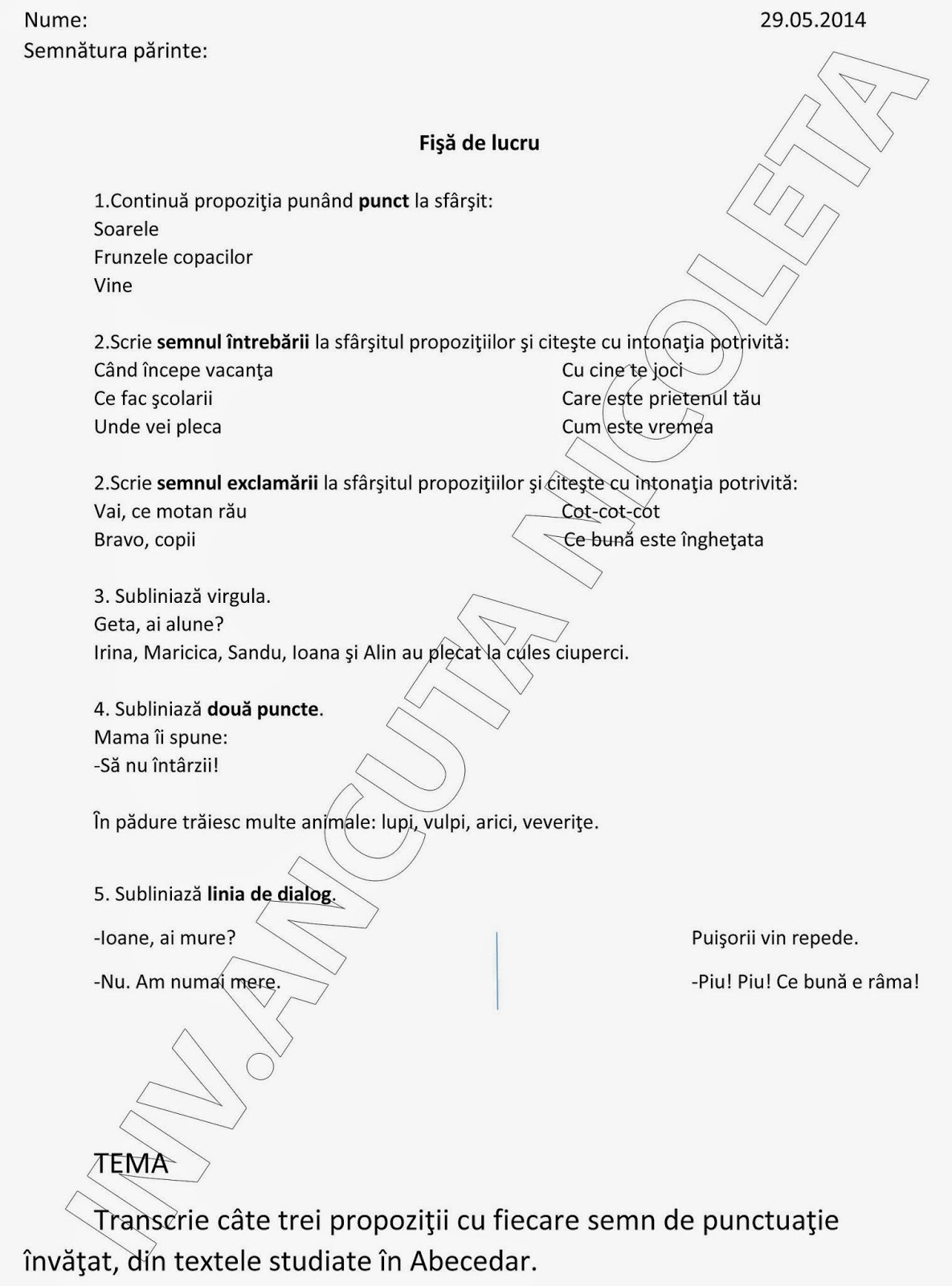 Clasa a-IV-a C - Liceul Teoretic Miron Costin Pascani : Fise de lucru