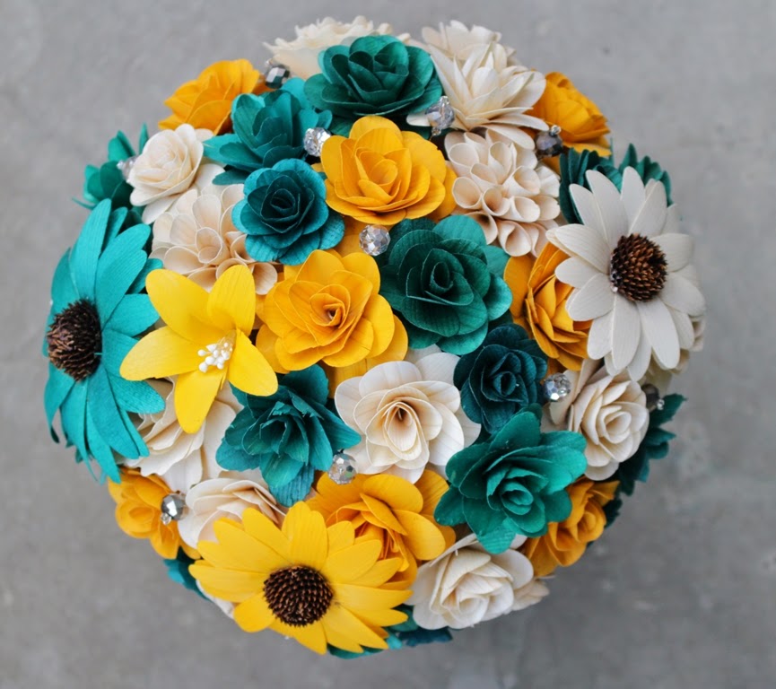 Teal, Mustard Yellow and Gray Wedding: Bouquets Made of Wood and