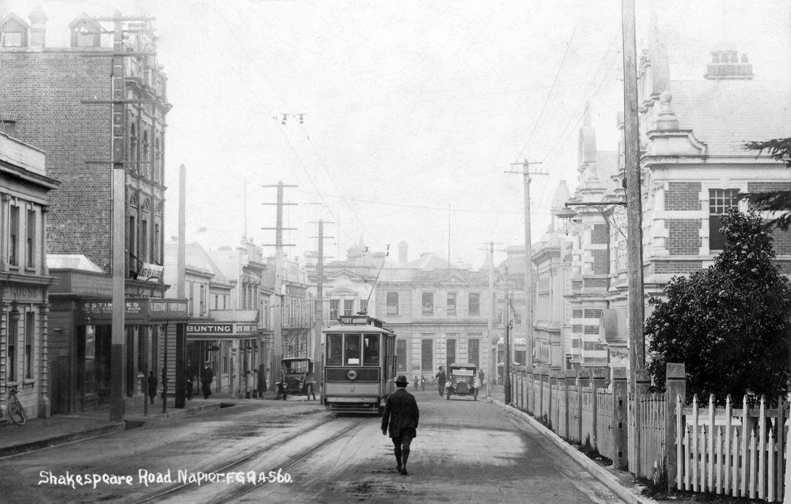transpress nz tram on Shakespeare Road, Napier, 1920s