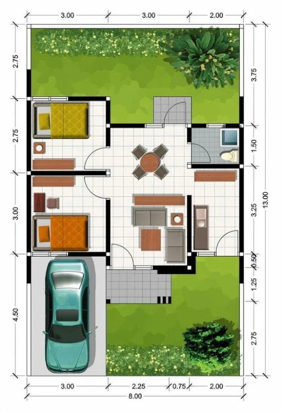 denah rumah minimalis dengan lebar 8 meter 1 lantai