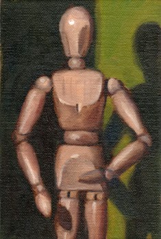 Oil painting of the top three-quarters of a wooden artist's model in front of a green background.