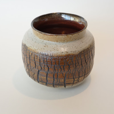 Beautiful handthrown sodium silicate crackled pottery vase by Lily.