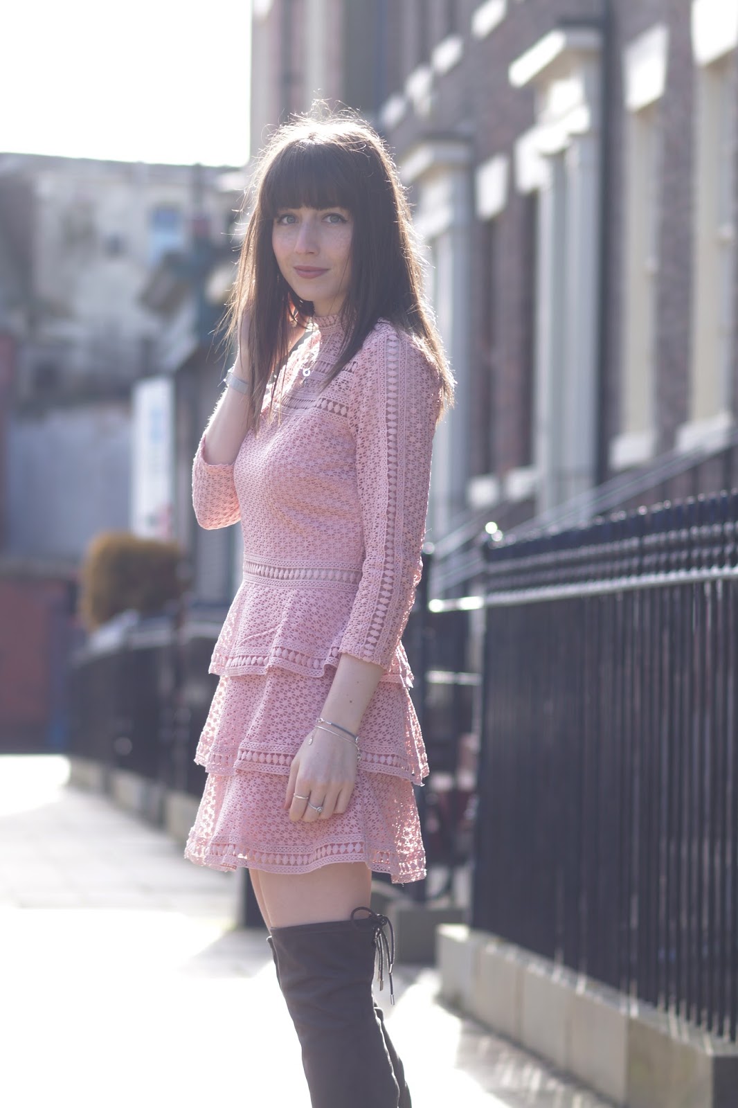Hello Freckles Blush Pink PrettyLittleThing Lace Dress Over The Knee Boots Personal Styling Spring Outfit Hello Freckles Blush Pink PrettyLittleThing Lace Dress Over The Knee Boots Personal Styling Spring Outfit