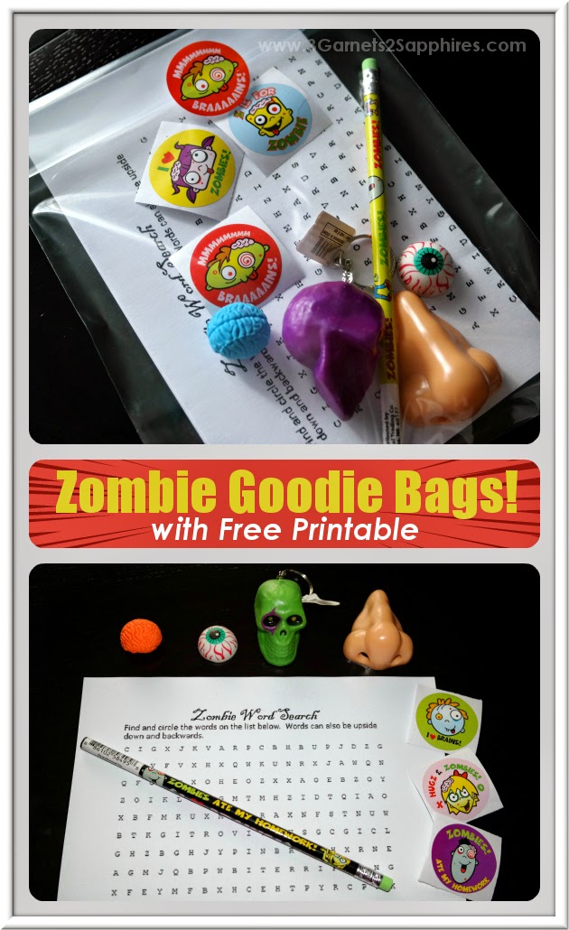 Zombie-themed goodie bags (with free printable word search activity) for classroom or birthday party favors  |  www.3Garnets2Sapphires.com