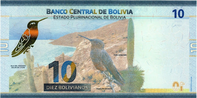 Bolivian Money 10 Bolivianos banknote 2018 Giant hummingbird