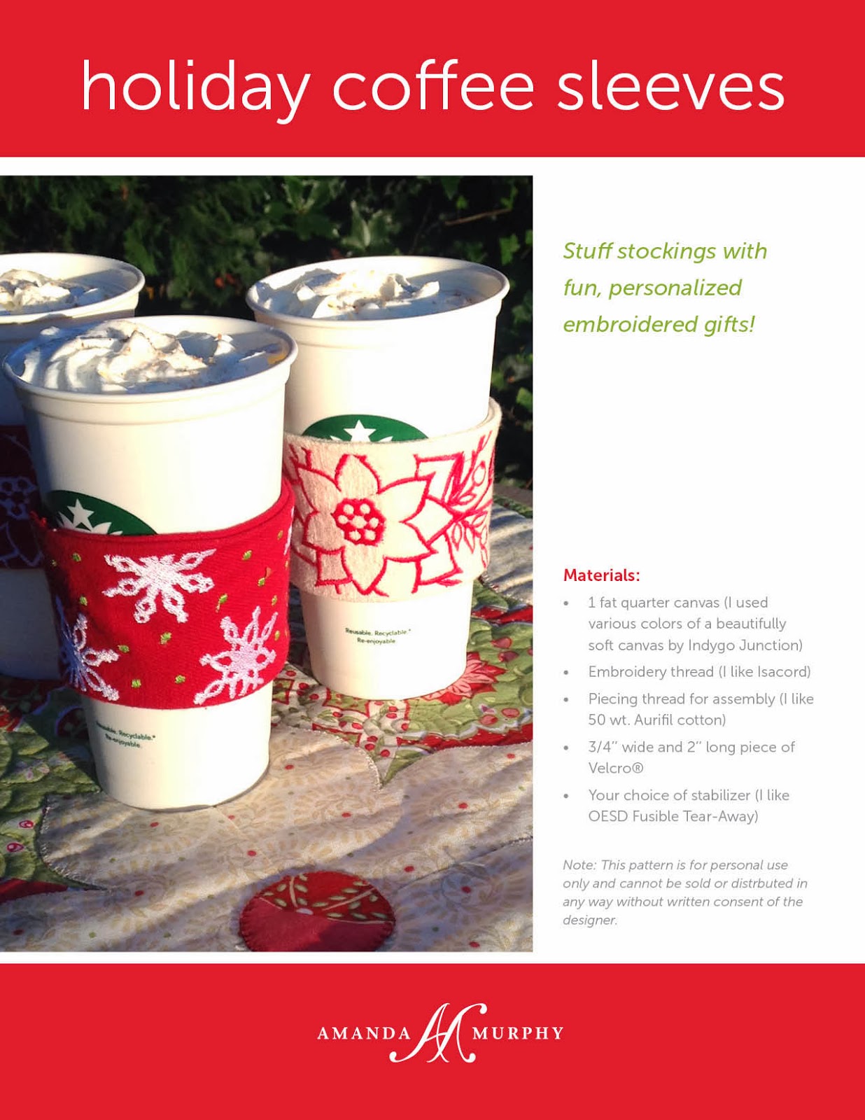 Amanda Murphy Design Embroidered Coffee Sleeves