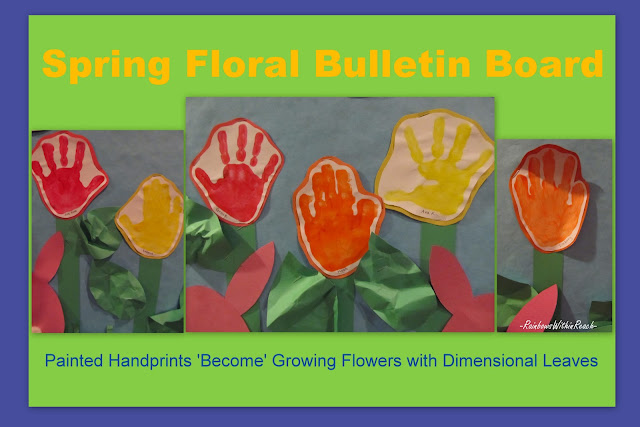 photo of: Painted Handprint Flowers on the Bulletin Board at PreK+K Sharing