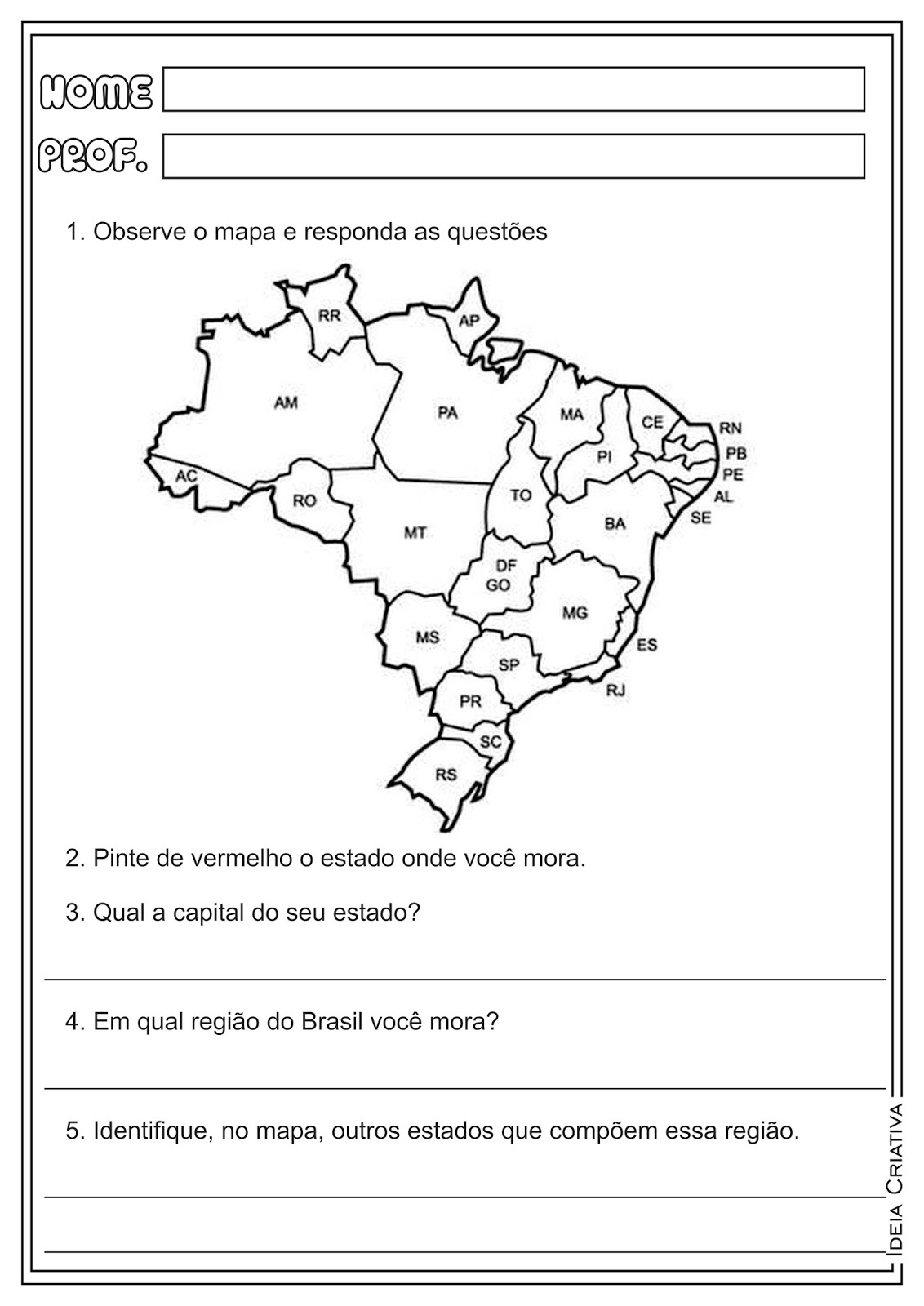 Atividades Estados Capitais e Regiões do Brasil Geografia