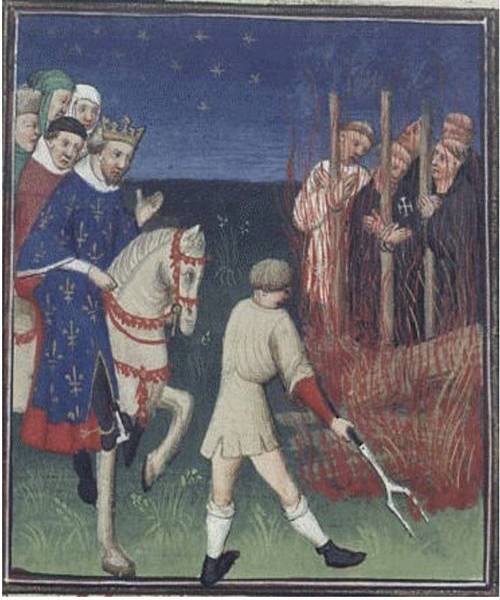 Ejecución de caballeros Templarios ante Felipe el Hermoso. Ilustración del manuscrito de Boccaccio «Des cas des nobles hommes et femmes»