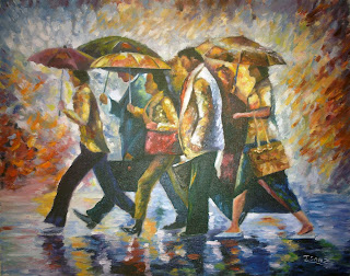 Óleo impresionista gente paseando con paraguas muchos colores