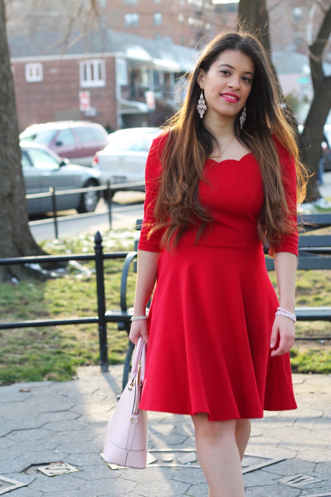 Valentines day, valentines, galentines, red, pink, lulus, kate spade, scalloped dress, scallops, ankle strap, nude heels, nine west, valentines day look, simple,  blogger, latina, nyc blogger, nyc