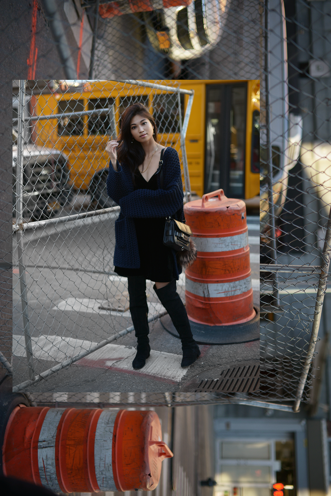 Chunky Knit Navy Cardigan and Velvet Slip Dress / FOREVERVANNY.com