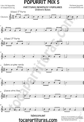  Mix 5 Partitura de Clarinete Notas Si la sol, Sobre un Pino Verde, Llueve otra vez Popurrí Mix 5 Sheet Music for Clarinet Music Score