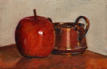 Oil painting of a red Pink Lady apple beside a small copper pot on a wooden shelf.