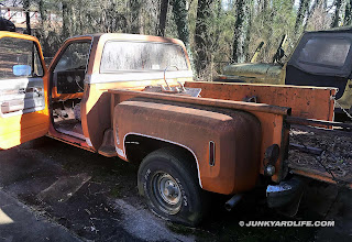 C10 has its door open and bed full of leaves and debris.