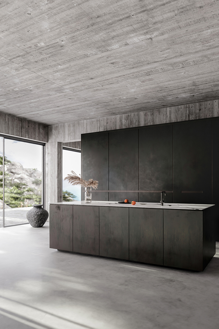 Contemporary Home With Bare Concrete Walls And A Black Kitchen