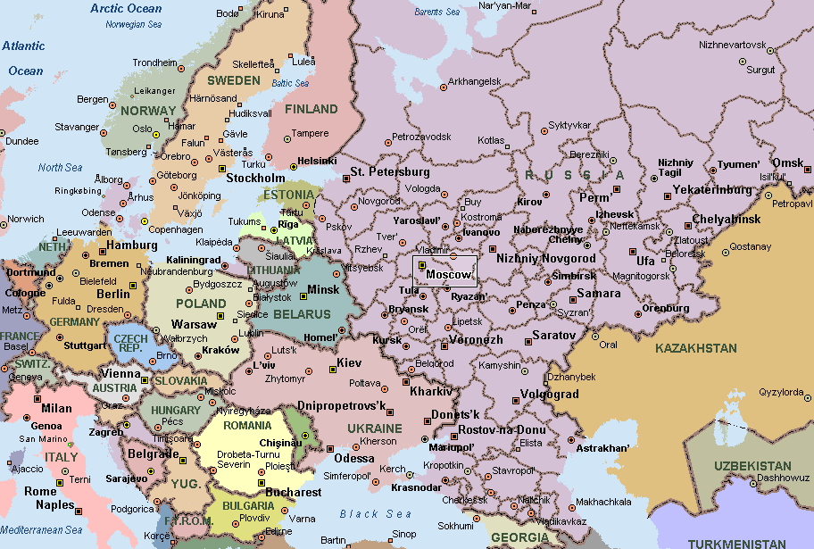 Воронеж на европейской карте россии. Карта европейской части РФ С городами. Карта областей РФ европейская часть. Карта европейской России с городами. Политическая карта европейской части России.