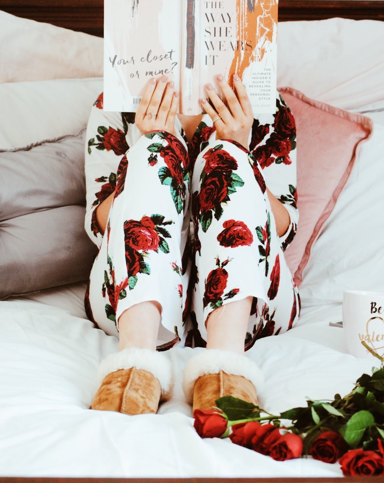 a girls first love bed red roses photography rose pyjamas ugg slippers cosy night in 