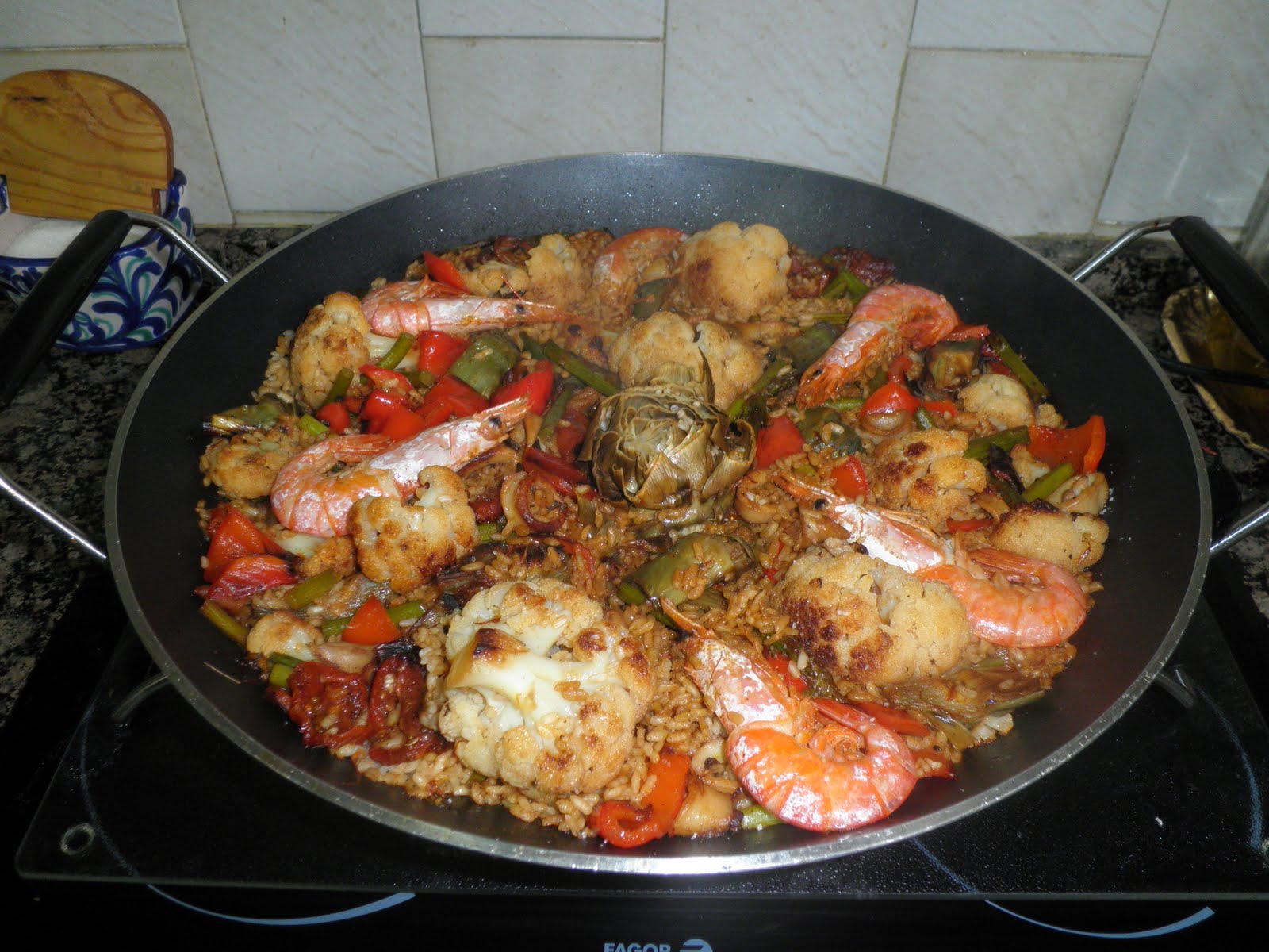 la cocina de una madre Paella de Verduras con Langostinos ,Gambas, y, Calamares