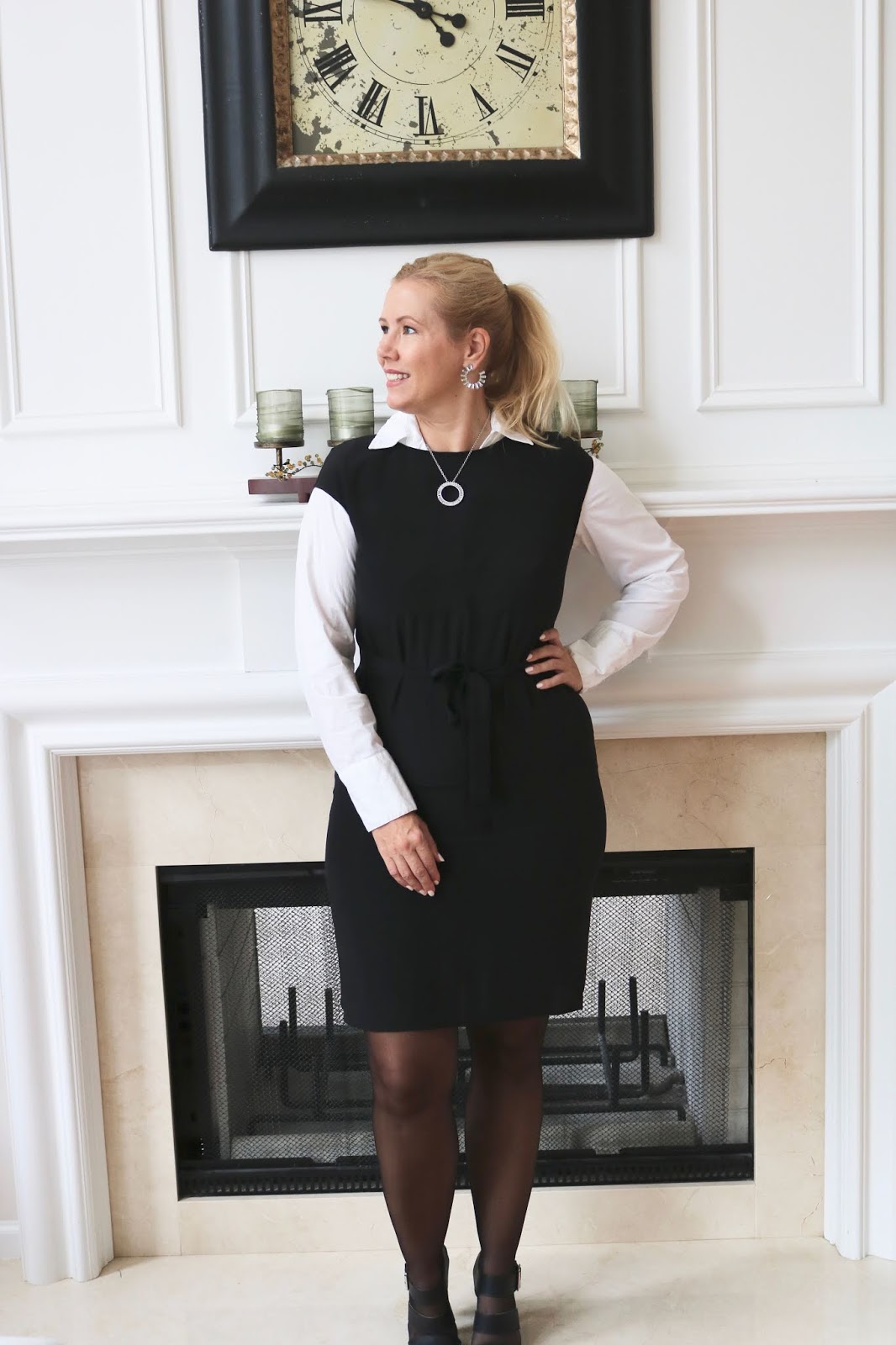 white blouse under dress