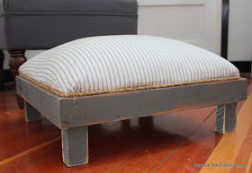 footstool, ottoman, upholstered, DIY, pillow ticking, upcycled, http://bec4-beyondthepicketfence.blogspot.com/2016/03/the-accidental-footstool.html