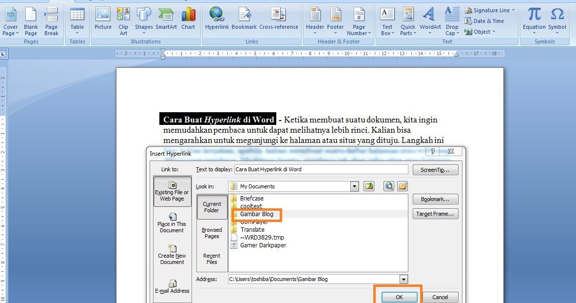 cara buat hyperlink di word arahblogg di word