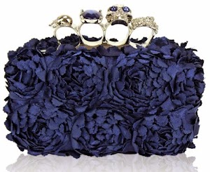 Navy Blue Skull Knuckle Rings Flower Roses Clutch Evening Bag - KCMODE