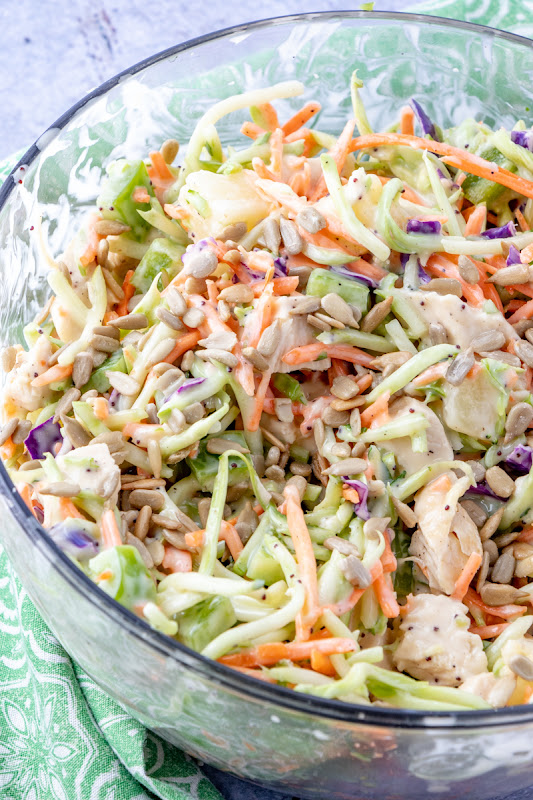 Crunchy Poppyseed Chicken Salad Recipe from Hot Eats and Cool Reads! This easy spring and summer salad is delicious, and perfect for any picnic, barbecue or lunch! Also great with turkey or ham if you're looking for ideas to use holiday leftovers!